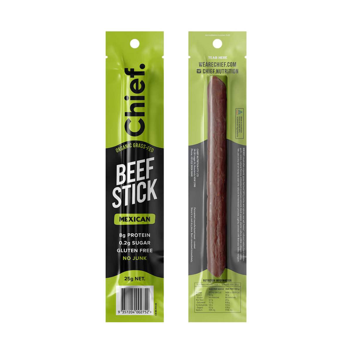 Chief Organic Beef Sticks - Mexican 25g