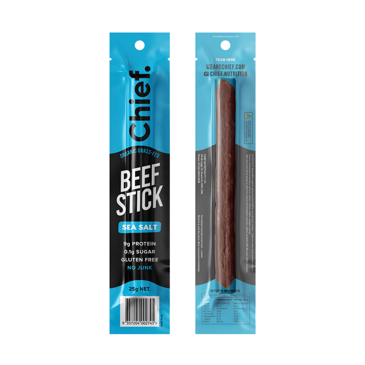 Chief Organic Beef Sticks - Sea Salt 25g